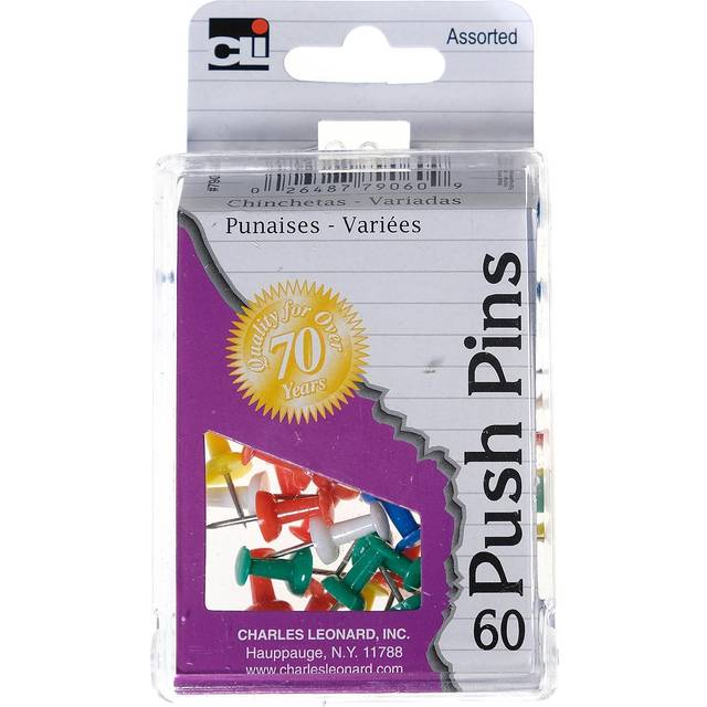 Charles Leonard Push Pins in Reusable Box  Assorted Colors  60/Box (79060)