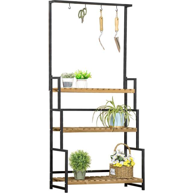 Outsunny 3 Tiered Plant Stand Rack with Hanging Hooks, Black
