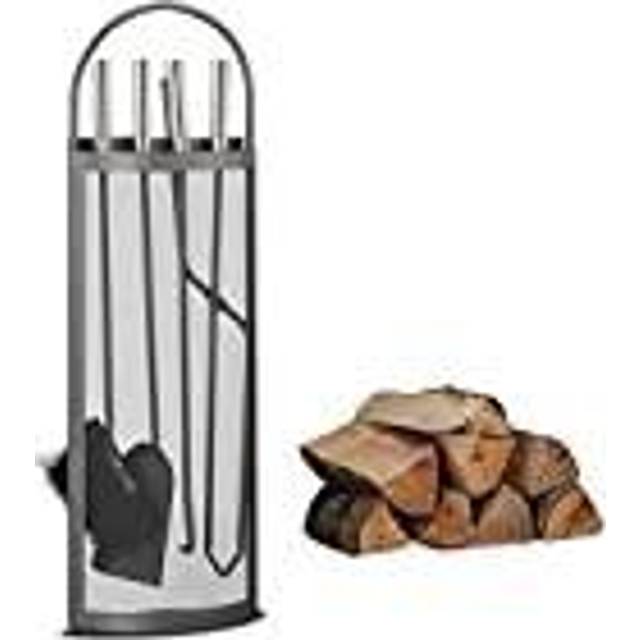 Relaxdays - 5-Piece Fireplace Companion Set Steel Utility Accessories, Modern, Stand, Tongs, Shovel, Poker & Broom, Black