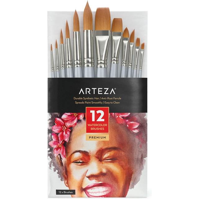 Arteza Watercolor Paint Brushes  Set of 12  Assorted Shapes  Synthetic Soft-Bristle Brushes with Anti-Rust Ferrules  Painting Art Supplies for Beginne