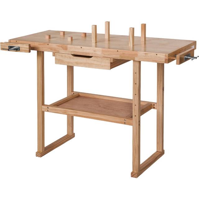 Woodworking Bench - with 2 vices, spacious drawer, shelf - brown