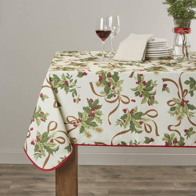 "Violet Linen European Seasonal Christmas Ribbons Tablecloth Beige 60"""""""" X 120"""""""""