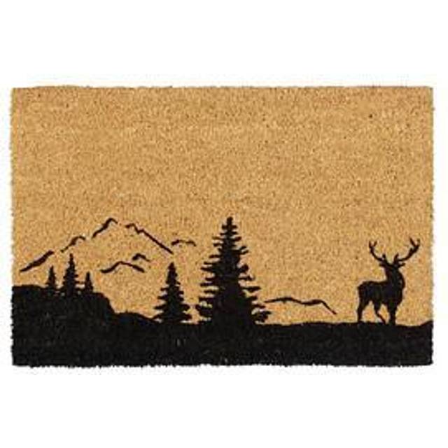 Coir Doormat Indoor & Outdoor, Deer, Trees and Mountains, Entrance Rug, Non-Slip, HxW: 60x40 cm, Natural/Black - Relaxdays