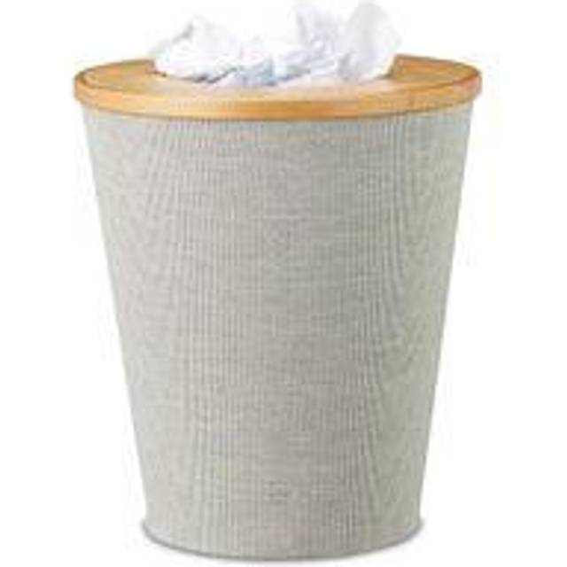 Bamboo Trash Can, Round Waste Bin with Insert and Magnetic Lids, 35 cm Tall, Natural/Grey - Relaxdays