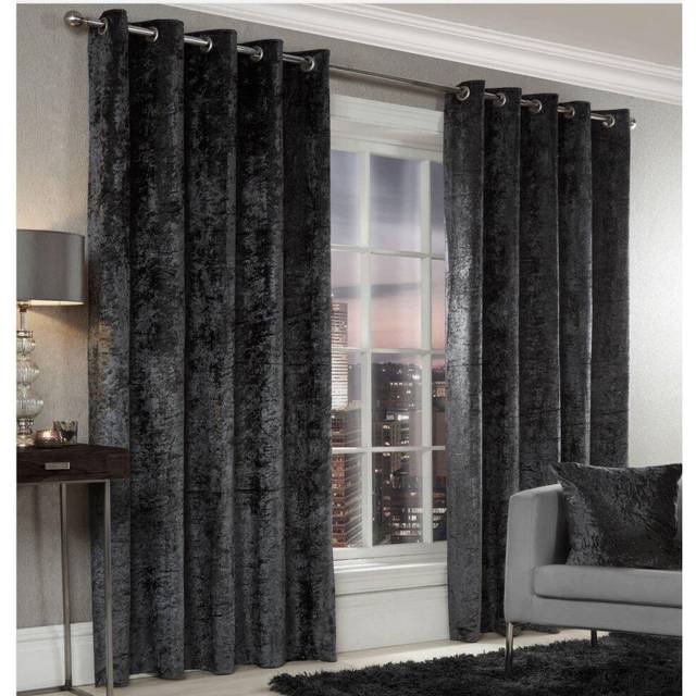 Crushed Velvet Ready Made Eyelet Curtains Charcoal - Black