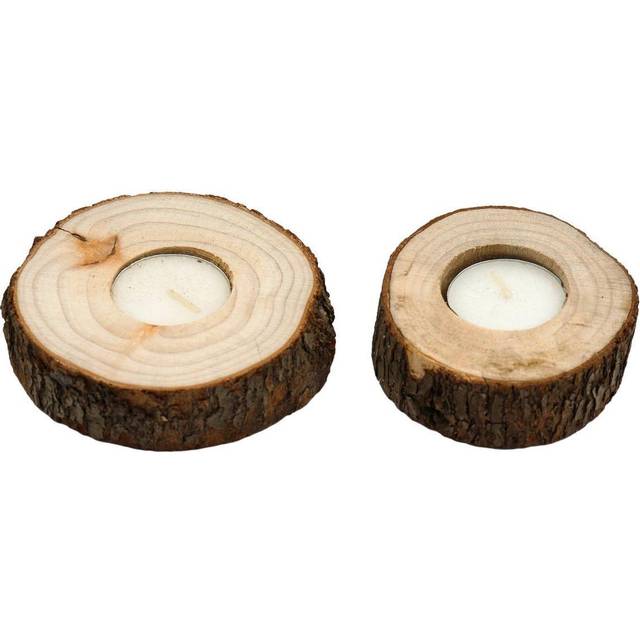 Set of Two Wooden Tealight Holders with Bark Detail - Cream & Wood - Brown