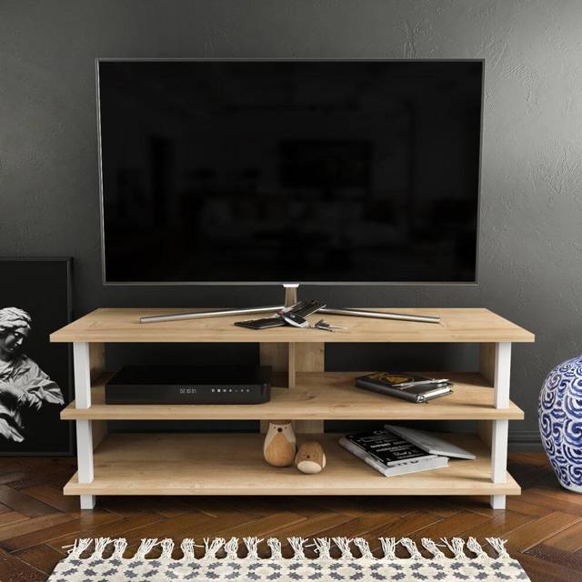Pueblo Modern TV Unit TV Stand with Shelves - Sapphire Oak&White