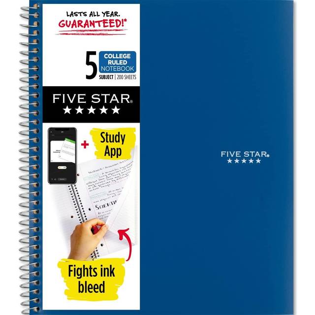 Five Star Spiral Notebook + Study App  5 Subject  College Ruled Paper  Fights Ink Bleed  Water Resistant Cover  8-1/2 x 11  200 Sheets  Blue 73635