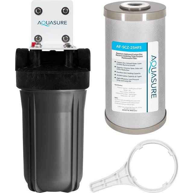 Aquasure Fortitude V2 Series Triple Purpose Sediment/Carbon/Zinc Bacteria Inhibiting Water Treatment Pre-Filter with Housing System  Standard Size | R