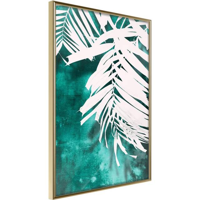 Inramad Poster / Tavla - White Palm on Teal Background - 30x45 Guldram