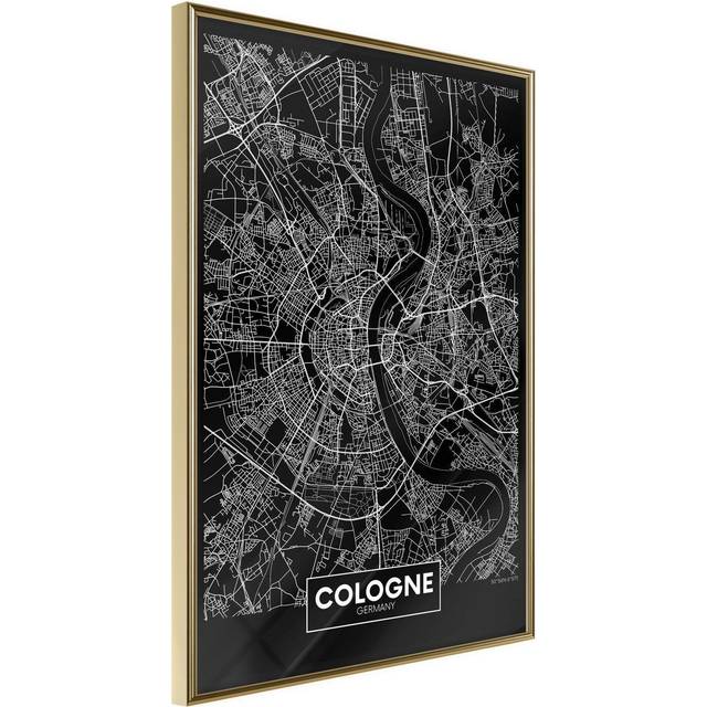 Inramad Poster / Tavla - City Map: Cologne (Dark) - 40x60 Guldram