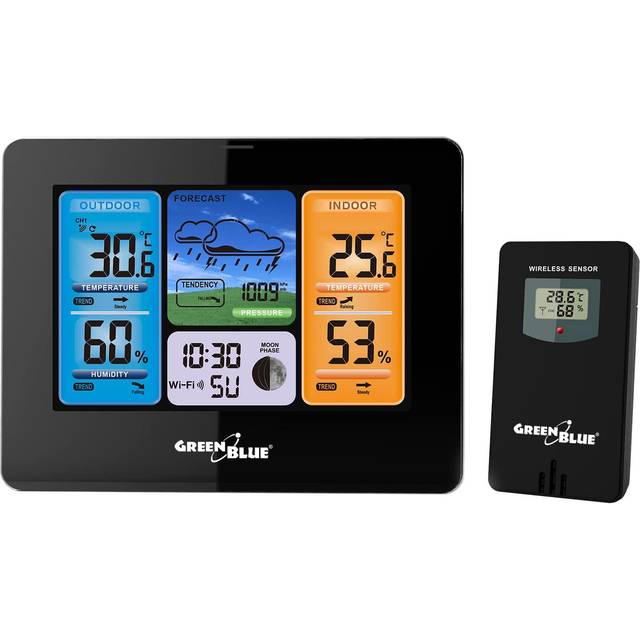 GreenBlue GB215 WiFi Väderstation Med Väderprognosapp Kompatibel Med TUYA Display 7 Språk Inomhus- Och Utomhustemperatur Månfasdisplay Datum- Och Dagvisning Väderprognosfunktion IPX4