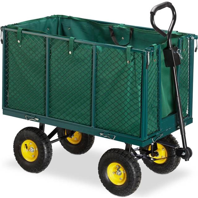 Relaxdays Trädgårdsvagn, stor rullvagn med hopfällbara sidodelar, avtagbar presenning med handtag, upp till 500 kg, grön, 83 x 51 x 113 cm