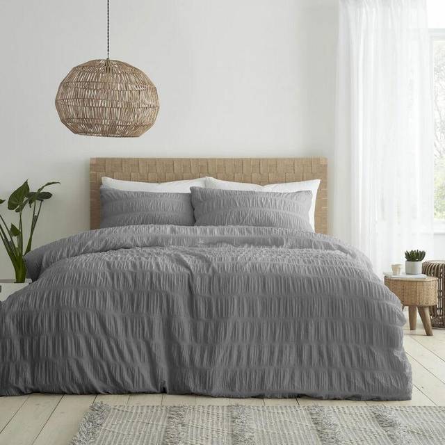 Seersucker Duvet Cover Set with Pillowcases - Grey (Super King Duvet Cover + 2 Standard Pillowcases)