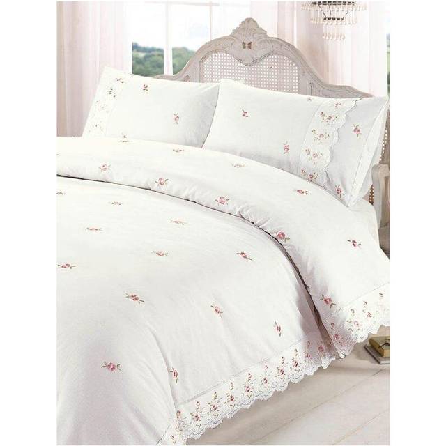 Sophie Duvet Quilt Cover Floral Lace Trim Embroidered Bed Set, Polyester-Cotton, Cream, Single
