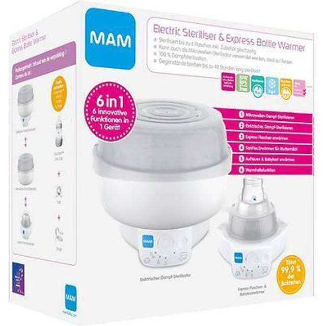 MAM 6-i-1 Sterilisator och Express babykostervärmare, flaskvärmare inkl. 1x MAM Easy Start Anti-Colic flaska (160 ml), 1x MAM Start napp och 1 tång
