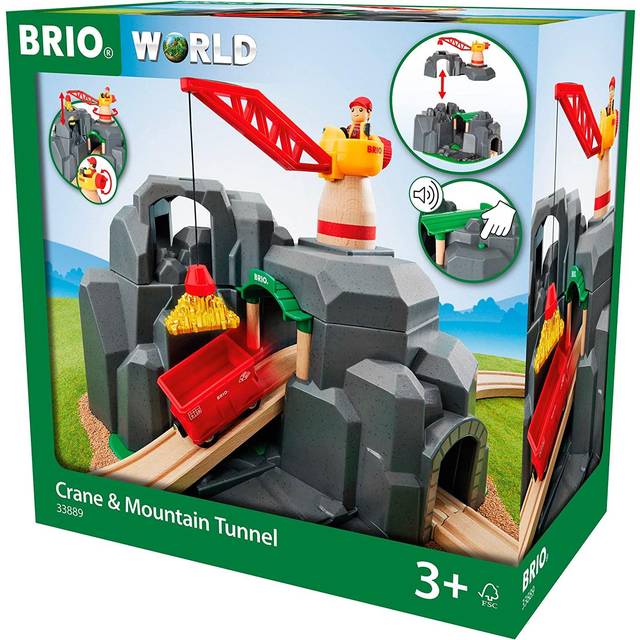 BRIO 33889 Bergstunnel med lyftkran | 33889 Crane & Mountain Tunnel 7 delar. Leksakstågstillbehör och skenor i trä. Från 3 år. För tågälskare.
