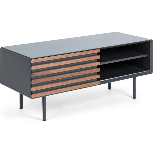 Kesia single door TV stand with walnut wood veneer with black lacquer & black steel, 120 x - Black