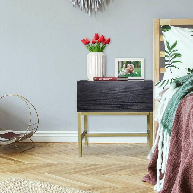 Black Nightstand, Square Side Table with Drawer, Wood, Golden Metal Frame, 50x50x50 cm, Black - Relaxdays