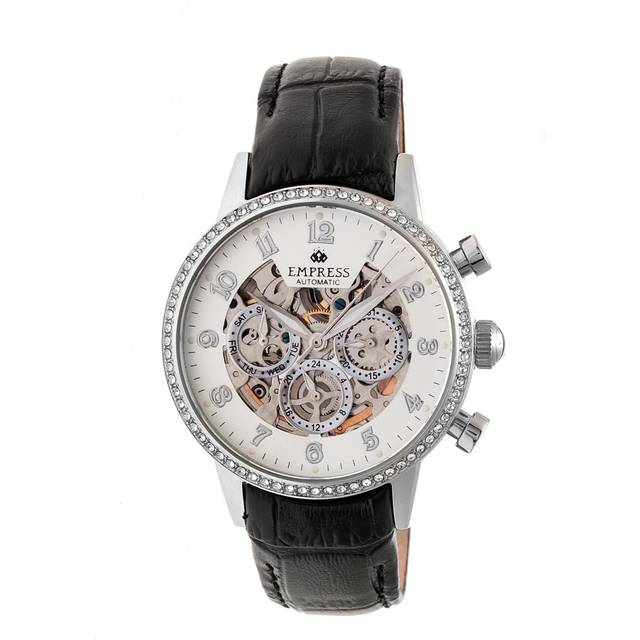 Empress Womens Beatrice Automatic Skeleton Dial Leather-Band Watch w/Day/Date - Silver Stainless Steel - One Size