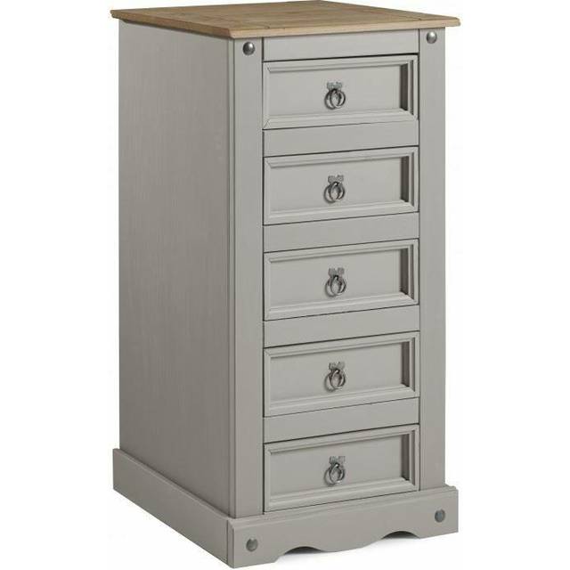 Mercers Furniture Corona Grey Wax 5 Drawer Narrow Chest Solid Pine With Mexican Styling, Grey