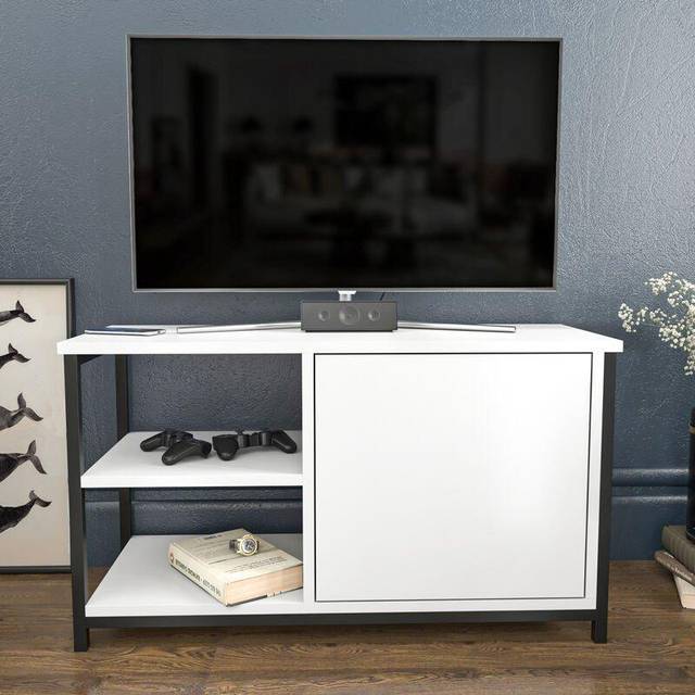 Muskegon 90 Cm tv Unit tv Stand With Two Open Shelves And Cabinet- Black And White - Decorotika
