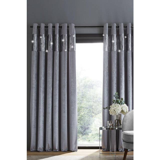 Crushed Velvet Glamour Lined Eyelet Curtains - Grey - 46x X 72d (116x183cm) - Catherine Lansfield