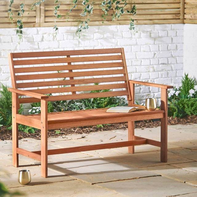 SHEIN VonHaus Garden Bench - Natural 2 Seater Hardwood Outdoor Bench With Armrests - Wooden Garden Seating For 2 People - For Patio & Terrace - Wooden With