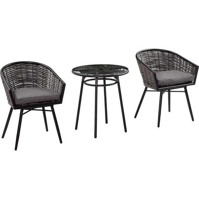Outsunny 3 Pieces PE Rattan Bristo Set, Round Wicker Patio Table and Chairs, Glass Top Coffee Table with Removable Cover, Grey Aosom UK