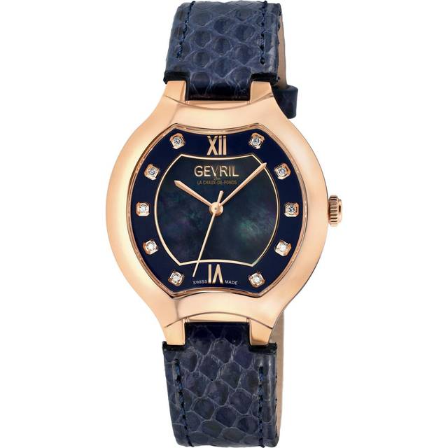 Womens Lugano Swiss Diamond , Blue MOP Dial, IPRG Case,Genuine Italian Handmade Leather Strap Swiss Quartz Watch - One Size
