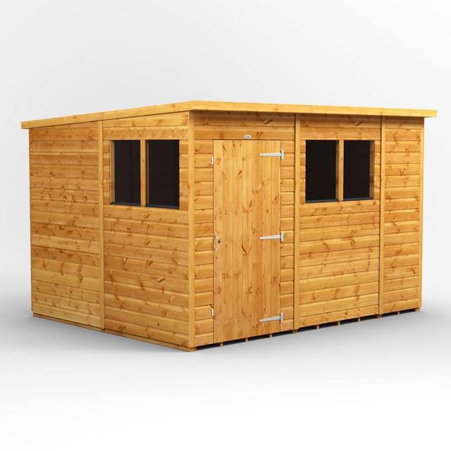 Powersheds Pent Roof Single Door Garden Shed 10ft x 8ft, Golden Brown Timber