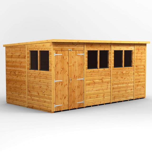 Powersheds Pent Roof Double Door Garden Shed, 14ft x 8ft, Golden Brown Timber