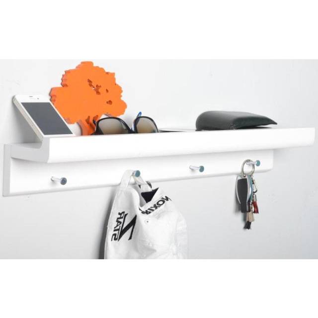 Wall Mounted 2ft 60cm Organiser Floating Shelf with 4 Key Coat Hooks - White - White