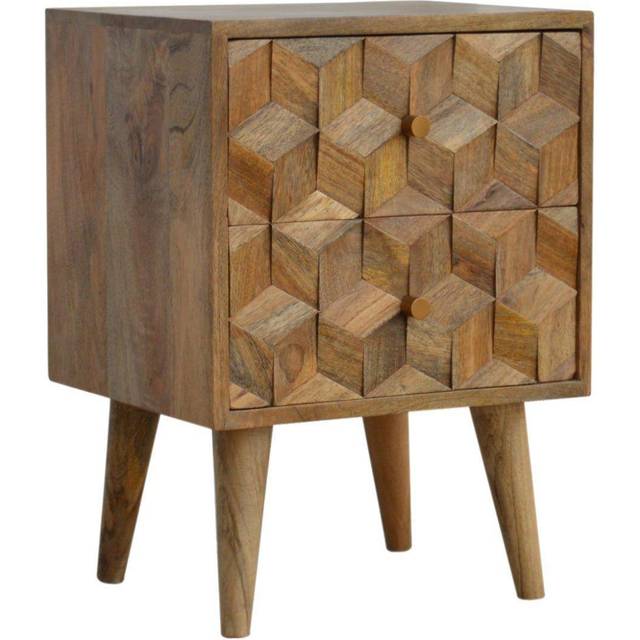 Artisan Cube Carved Bedside Table with 2 Drawers
