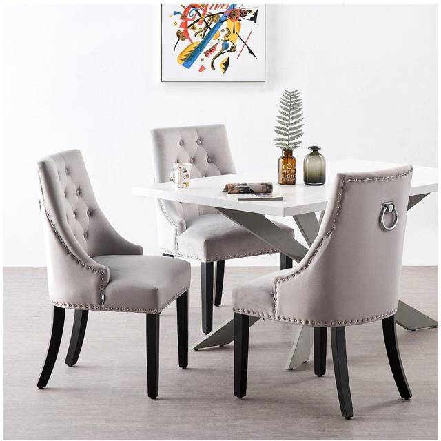 Life Interiors Duke Lux Windsor Dining Set - A White Rectangular Wooden Dining Table And Set Of 4 Velvet Dining Chairs - Light Grey, Grey