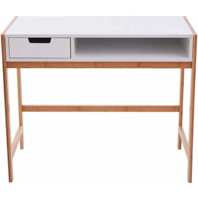White 1 Drawer Desk, Durable Computer Desk with Natural Wood Legs, Study Table Bedside Desk for Home - One Size
