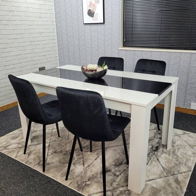 Kosy Koala Dining Table And 4 Chairs White Black Wood 4 Velvet Black Chairs Dining Room, Multi