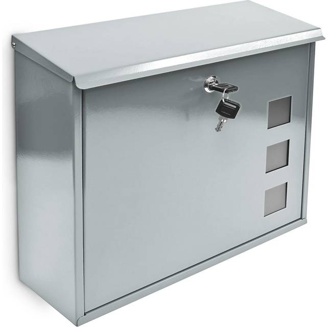 Relaxdays - Letter Box, Decorative Flap Window, 2 Keys, Mounting Material, 33 x 34.5 x 10.5 cm, Metal, Mailbox, Silver