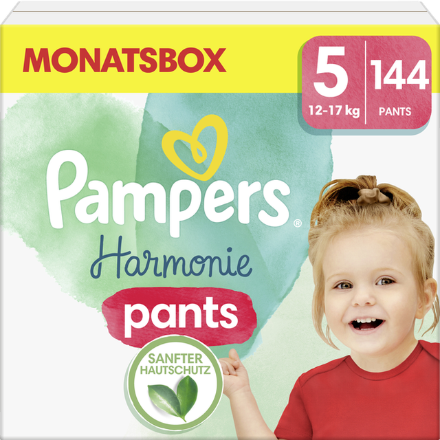 Pampers Storlek 5 blöjbyxor (12–17 kg), harmoni, 144 blöjor, månadslåda, mjukt skydd för hud och vegetabiliska beståndsdelar