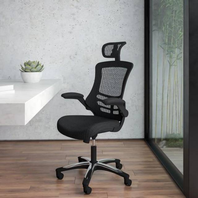 Flash Furniture kontorsstol med högt ryggstöd - Ergonomisk skrivbordsstol med uppfällbara armstöd och justerbart nackstöd - Perfekt för hemmakontoret eller kontoret - Svart