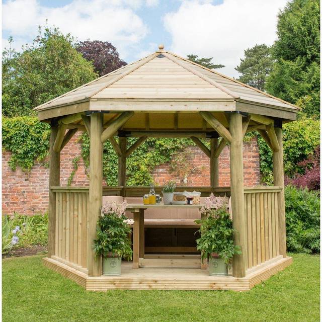 12'x10' (3.6x3.1m) Luxury Wooden Furnished Garden Gazebo with Traditional Timber Roof - Seats up to 10 people