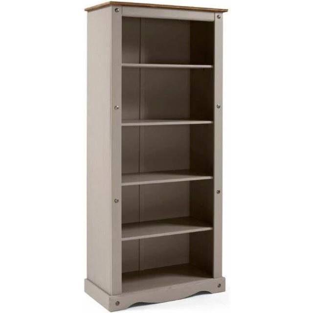 Mercers Furniture Corona Grey Wax Large Bookcase 5 Shelf Open Display Solid Pine With Mexican Styling, Grey