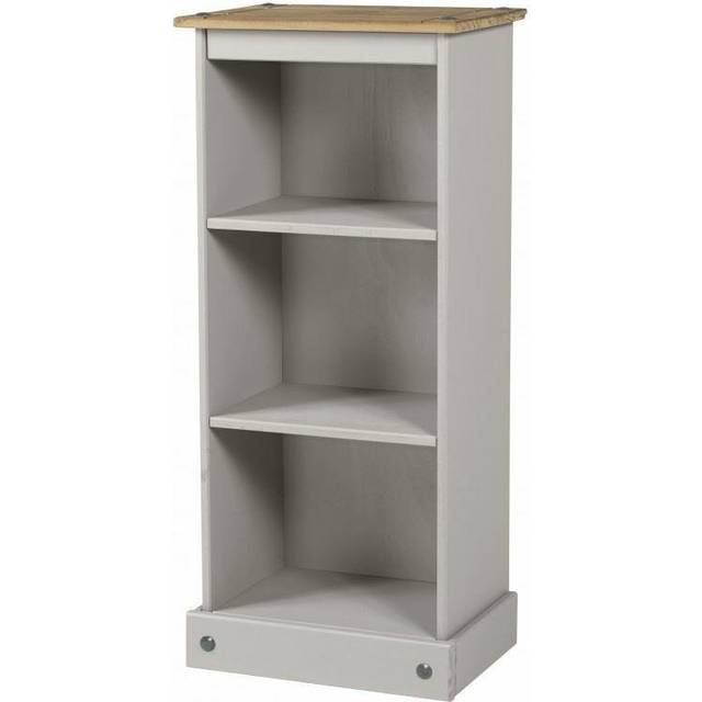 Mercers Furniture Corona Grey Wax Low Narrow Bookcase Cd Open Storage Solid Pine With Mexican Styling, Grey