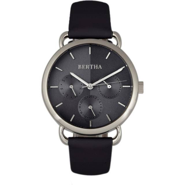 Bertha Womens Gwen Leather-Band Watch w/Day/Date - Black Stainless Steel - One Size