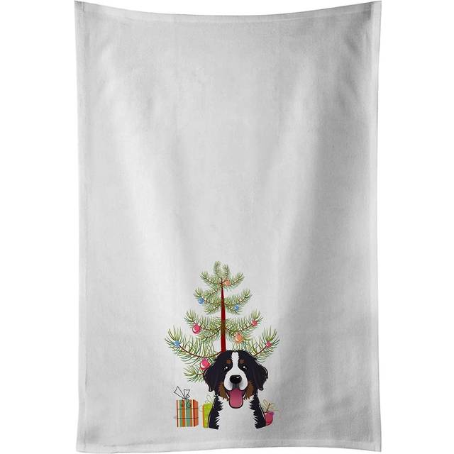 Christmas Tree and Bernese Mountain Dog White Kitchen Towel Set of 2