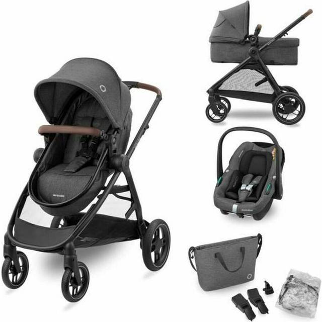 Maxi-Cosi Zelia S Trio 3 i 1 Barnvagn Resesystem, 0–4 År, upp till 22 kg, Hopfällbart, Kompakt och Lutningsbart Sittvagn, med CabrioFix S i-Size Baby Bilbarnstol, Tillbehör, Skötväska, Dark Grey