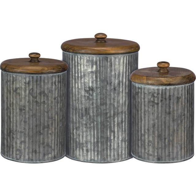 Primitives by Kathy Rustic Style Canisters  Set of 3  Galvanized Metal and Wood