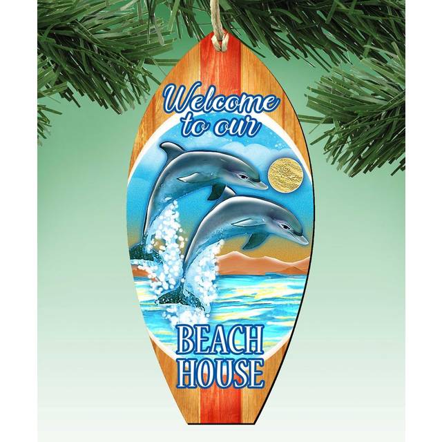 G.DeBrekht 8114070 Dolphins Surfboard Wooden Christmas Ornament