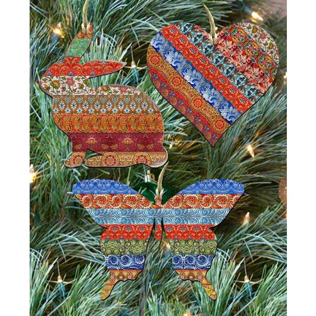 G.DeBrekht 8100027S3 Bunny, Heart & Butterfly Quilted Wooden Ornaments - Set of 3