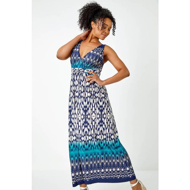 Petite Sleeveless Aztec Maxi Stretch Dress - Teal - Size 18 - Roman